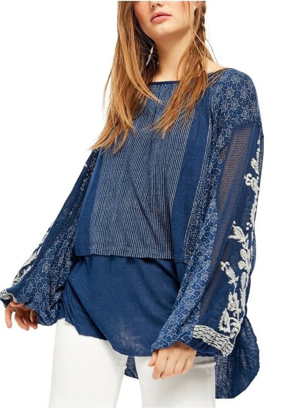 Free People Blue Embroidered Boho Indigo Dreams Tunic Top Medium
